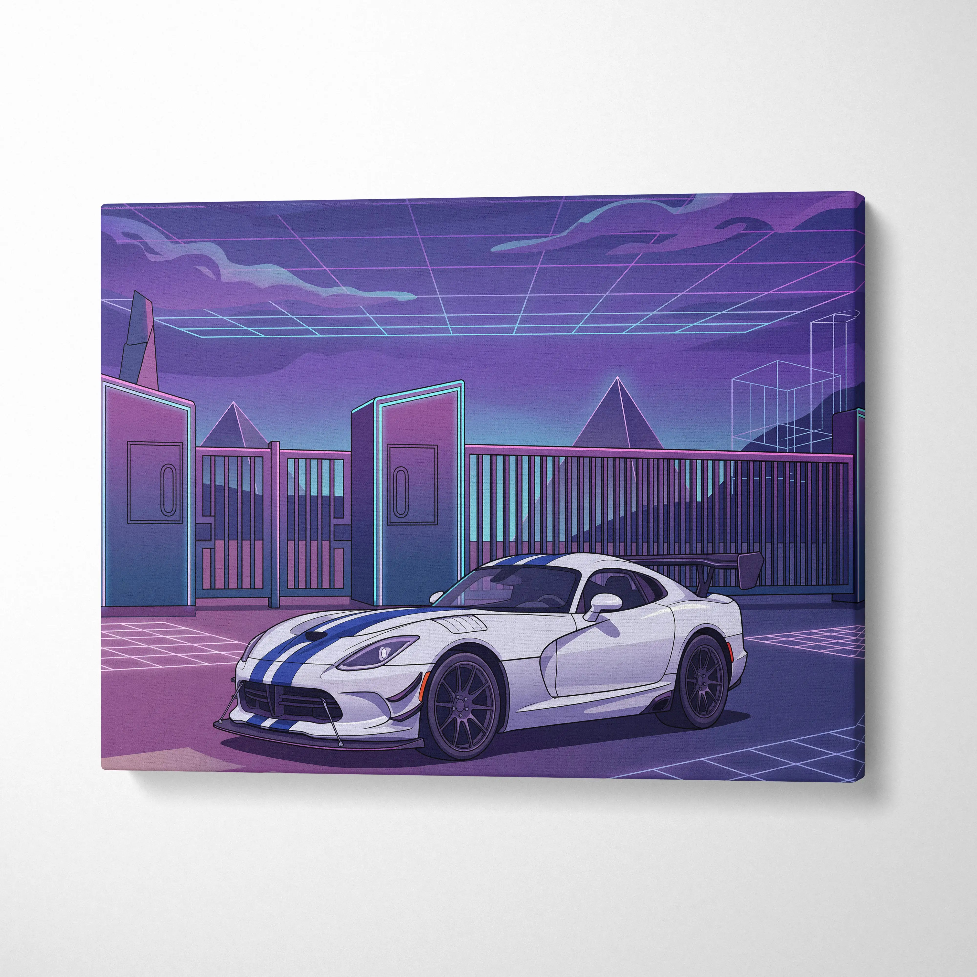 Dodge Viper ACR Inspired Purple Blue Canvas Wall Art, Vaporwave Night Drive, Retro Futuristic Garage Decor, Sports Car Artwork