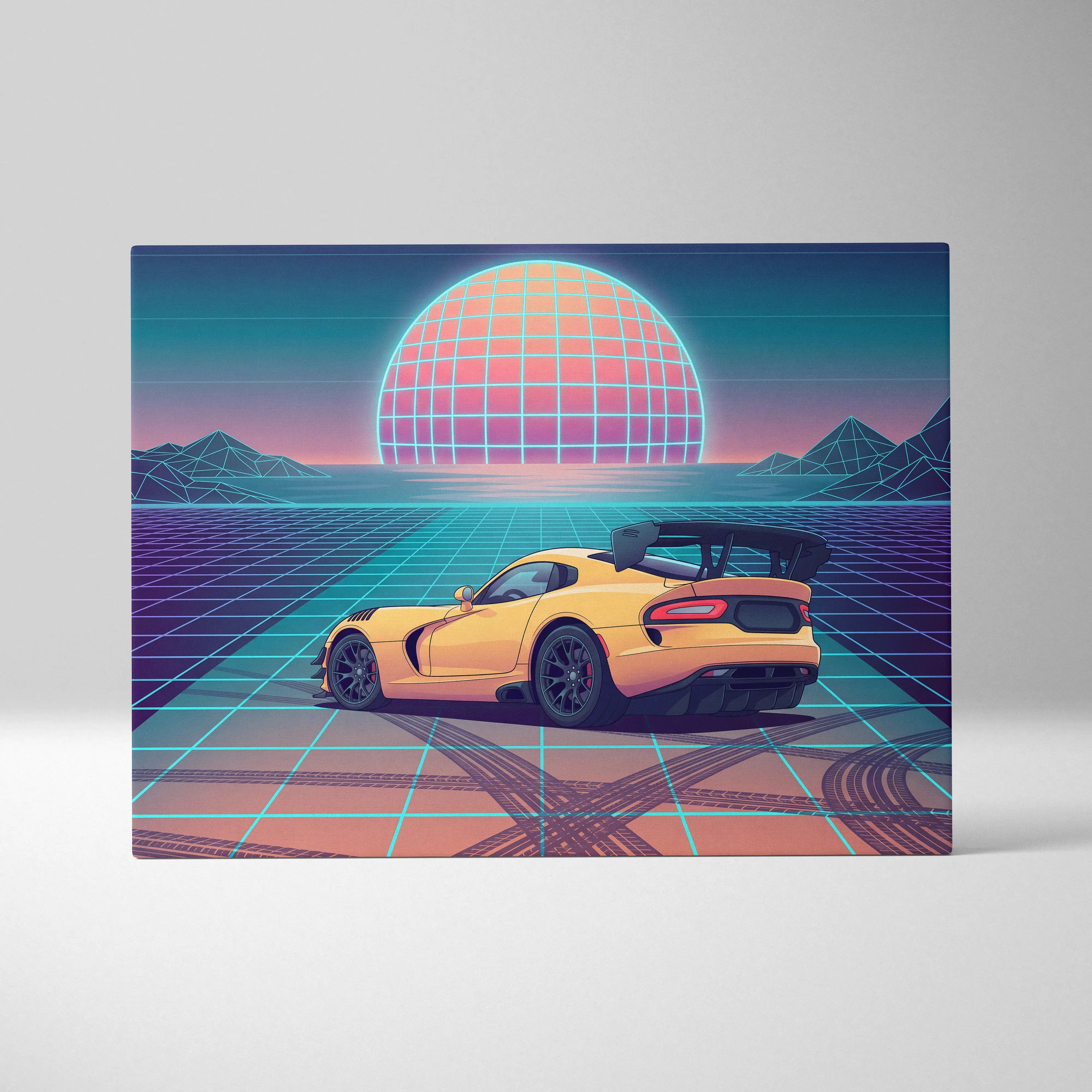 Dodge Viper ACR Inspired Yellow Blue Canvas Wall Art, Vaporwave Track Car Artwork, Neon Grid Garage Decor, Retro Futuristic Motorsport Print