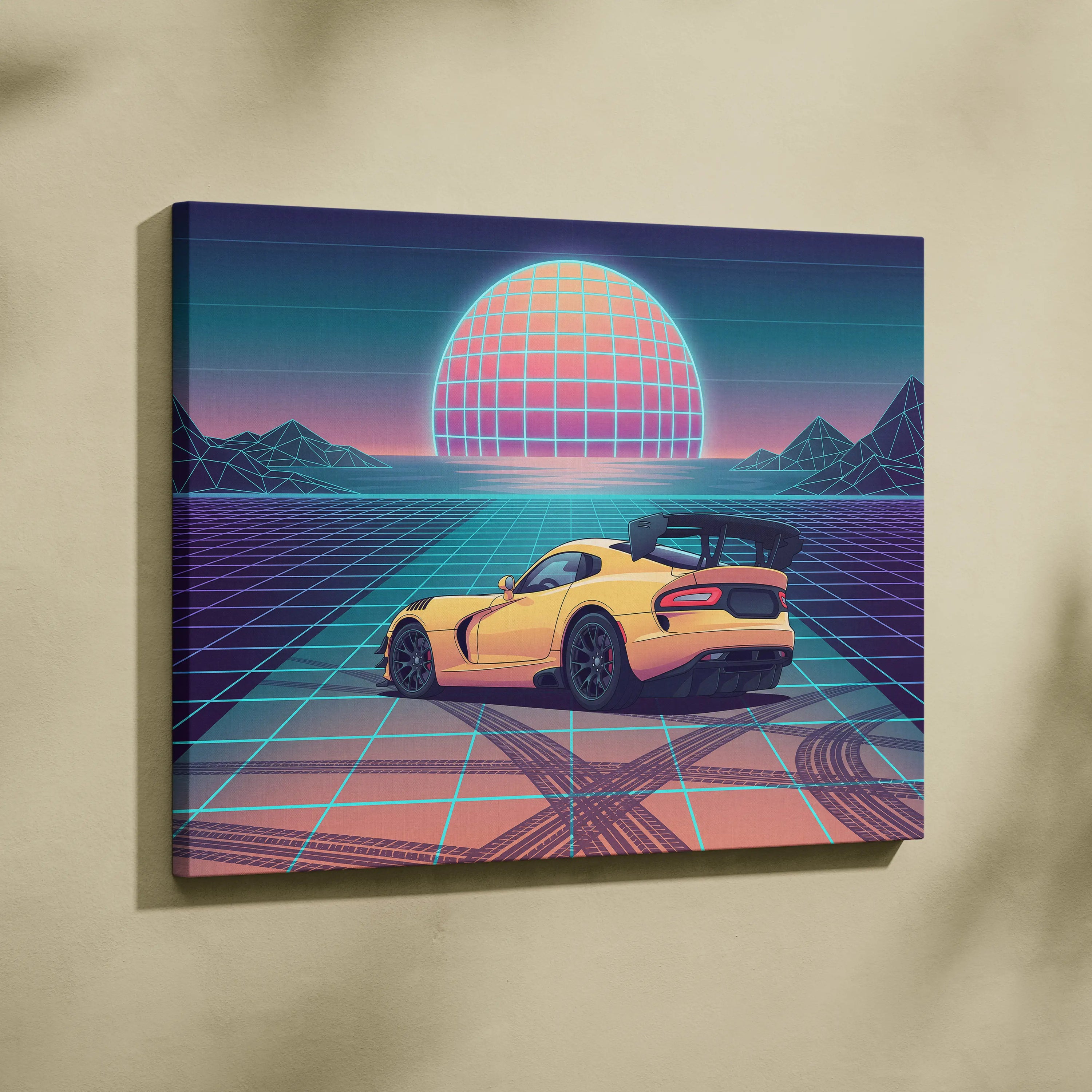 Dodge Viper ACR Inspired Yellow Blue Canvas Wall Art, Vaporwave Track Car Artwork, Neon Grid Garage Decor, Retro Futuristic Motorsport Print