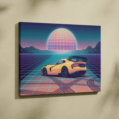 Dodge Viper ACR Inspired Yellow Blue Canvas Wall Art, Vaporwave Track Car Artwork, Neon Grid Garage Decor, Retro Futuristic Motorsport Print