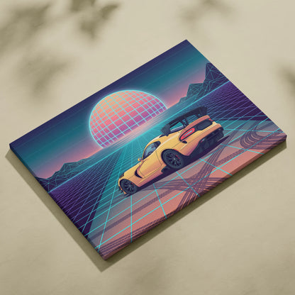 Dodge Viper ACR Inspired Yellow Blue Canvas Wall Art, Vaporwave Track Car Artwork, Neon Grid Garage Decor, Retro Futuristic Motorsport Print