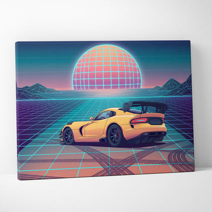 Dodge Viper ACR Inspired Yellow Blue Canvas Wall Art, Vaporwave Track Car Artwork, Neon Grid Garage Decor, Retro Futuristic Motorsport Print