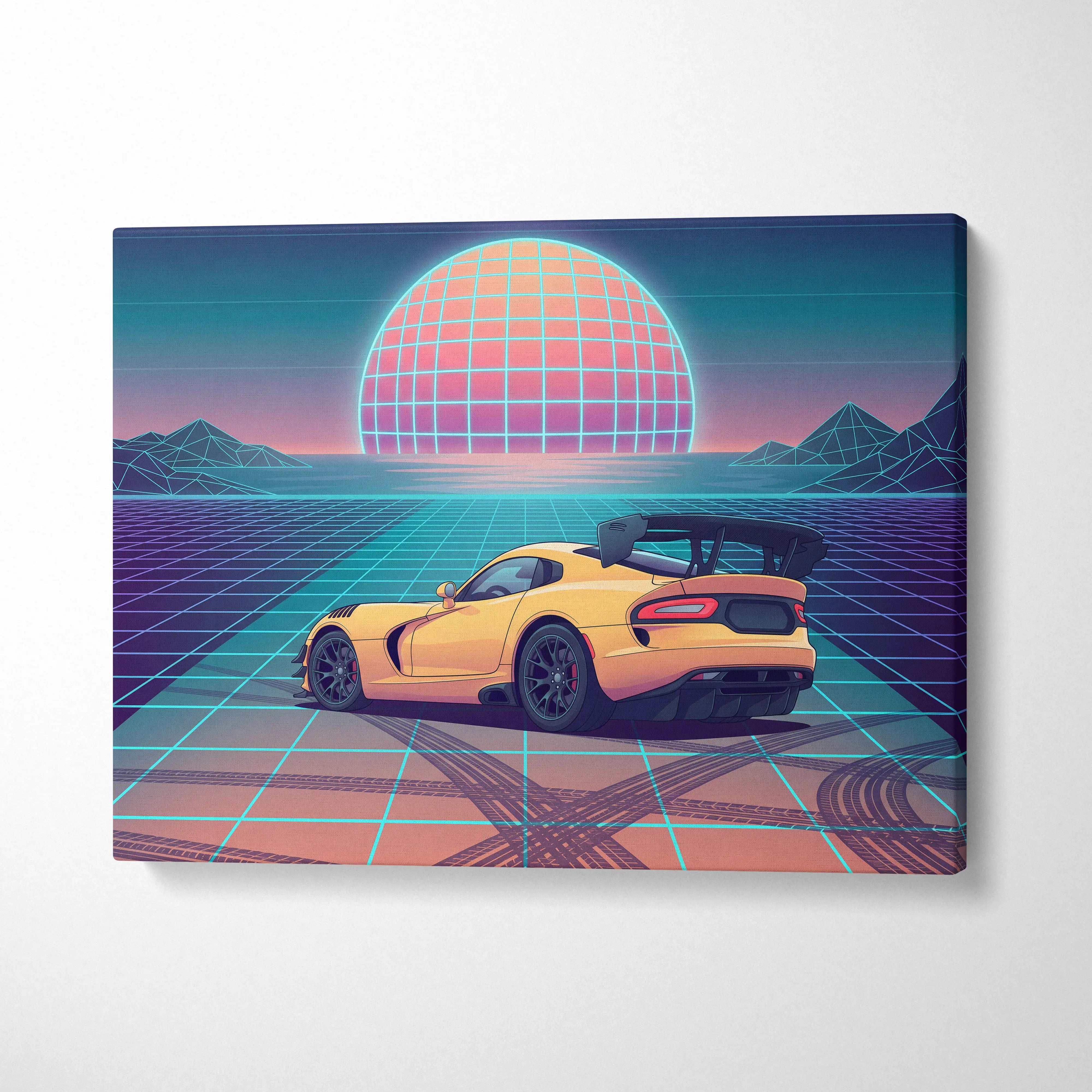 Dodge Viper ACR Inspired Yellow Blue Canvas Wall Art, Vaporwave Track Car Artwork, Neon Grid Garage Decor, Retro Futuristic Motorsport Print