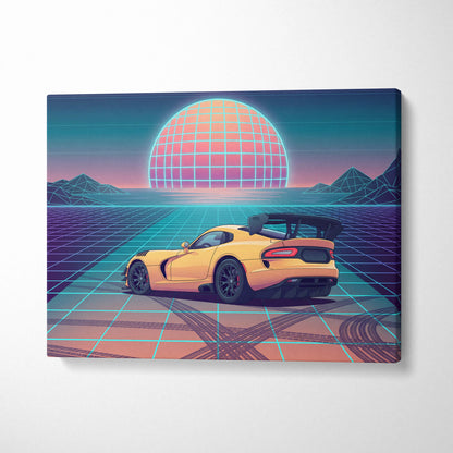 Dodge Viper ACR Inspired Yellow Blue Canvas Wall Art, Vaporwave Track Car Artwork, Neon Grid Garage Decor, Retro Futuristic Motorsport Print