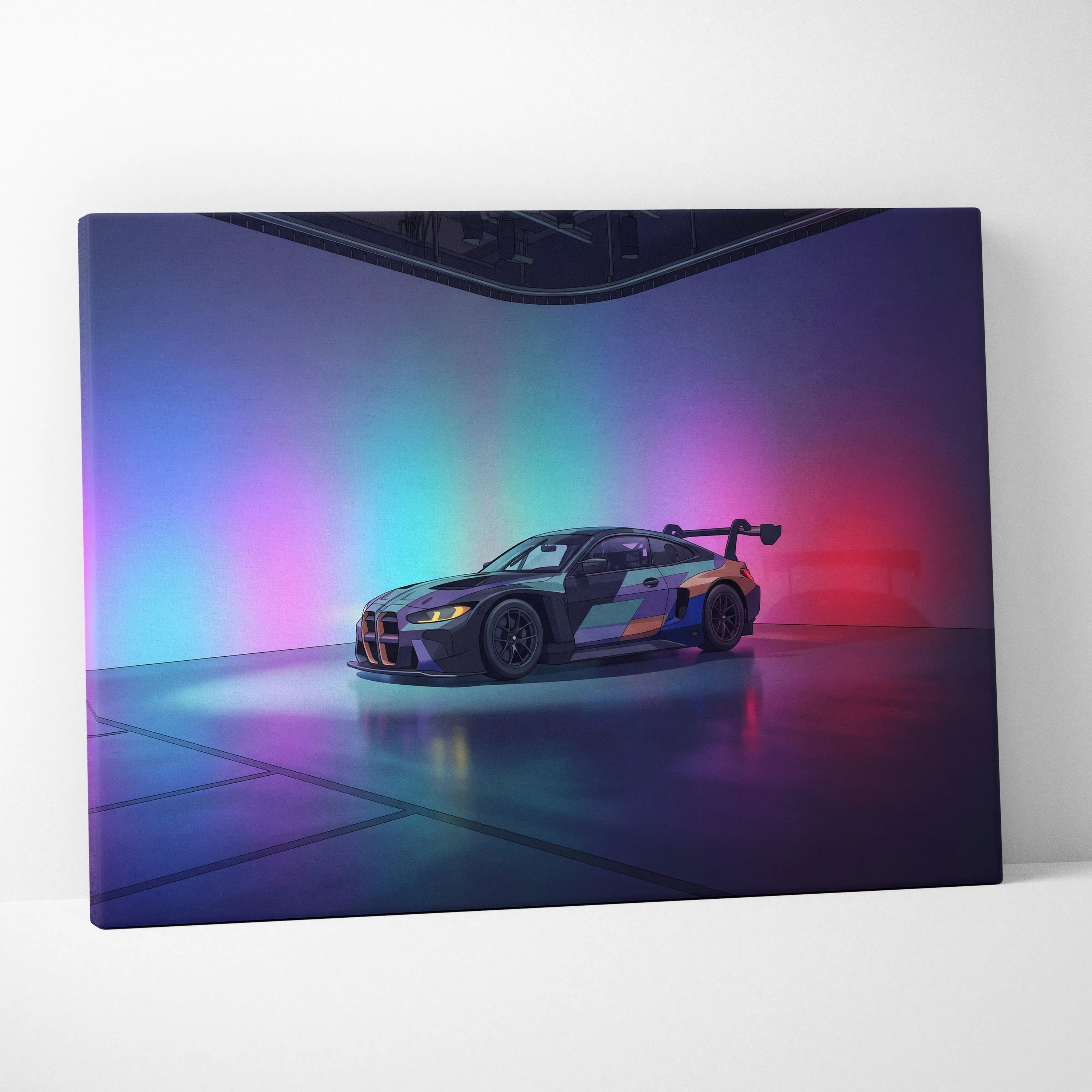 BMW M4 GT3 Inspired Vaporwave Car Canvas - Vaporwave Car Art Neon Pink Cyan Living Room Retro Nostalgic Glow Modern Retro Neon Car Wall Art Canvas