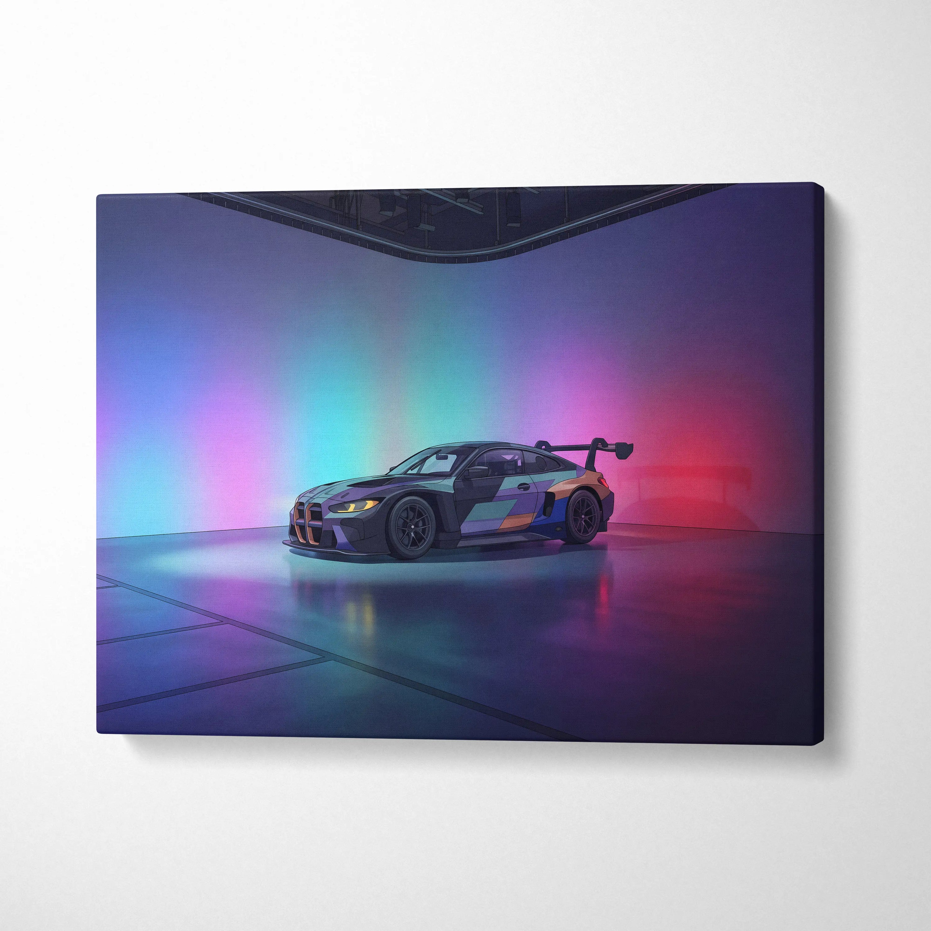 BMW M4 GT3 Inspired Vaporwave Car Canvas - Vaporwave Car Art Neon Pink Cyan Living Room Retro Nostalgic Glow Modern Retro Neon Car Wall Art Canvas