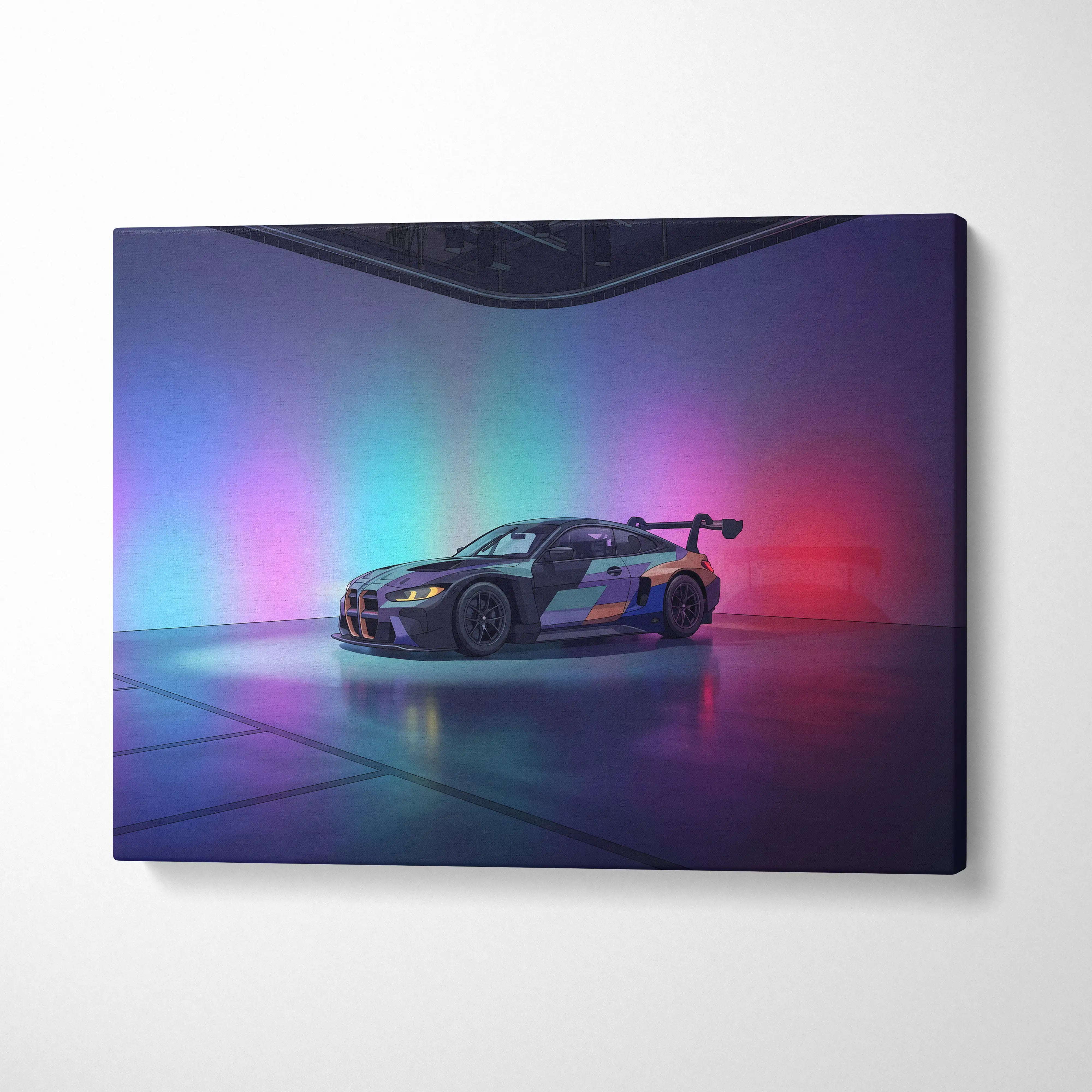 BMW M4 GT3 Inspired Vaporwave Car Canvas - Vaporwave Car Art Neon Pink Cyan Living Room Retro Nostalgic Glow Modern Retro Neon Car Wall Art Canvas