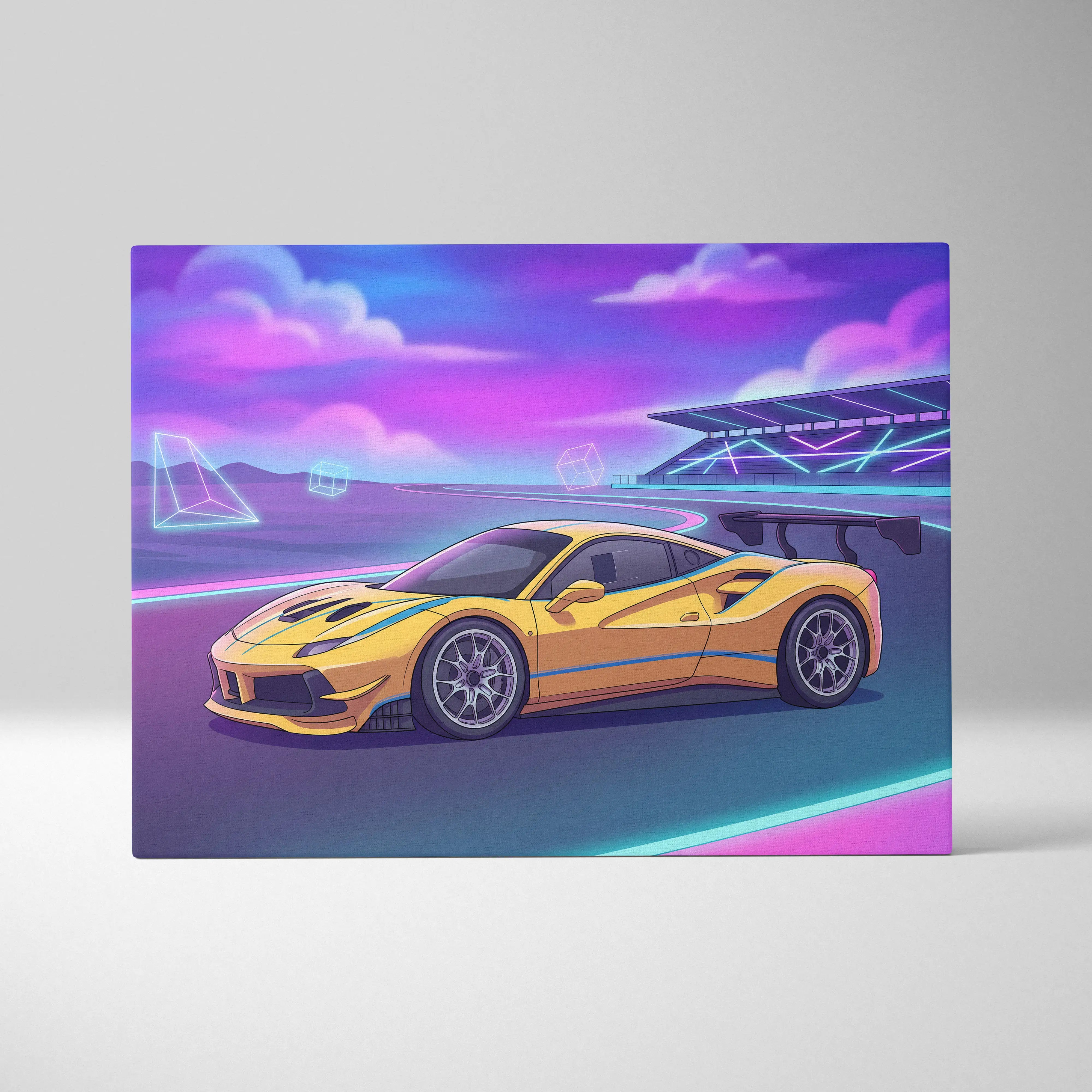 Ferrari 488 Inspired Yellow Purple Canvas Wall Art, Vaporwave Race Car Artwork, Neon Motorsport Decor, Retro Futuristic Garage Art