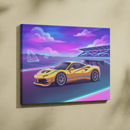 Ferrari 488 Inspired Yellow Purple Canvas Wall Art, Vaporwave Race Car Artwork, Neon Motorsport Decor, Retro Futuristic Garage Art