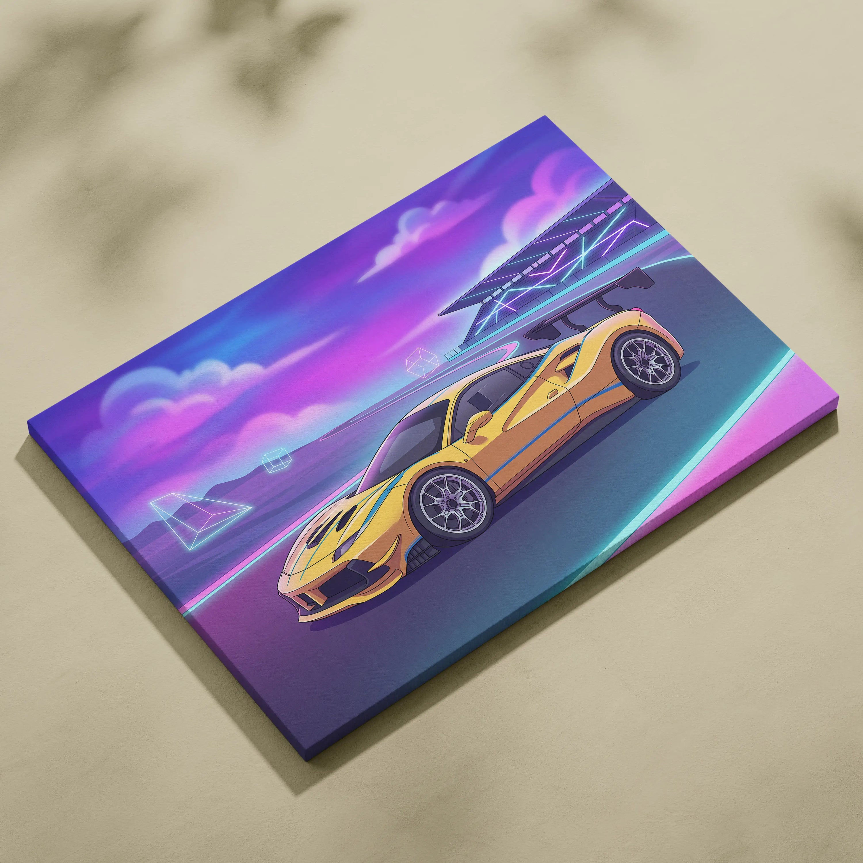 Ferrari 488 Inspired Yellow Purple Canvas Wall Art, Vaporwave Race Car Artwork, Neon Motorsport Decor, Retro Futuristic Garage Art