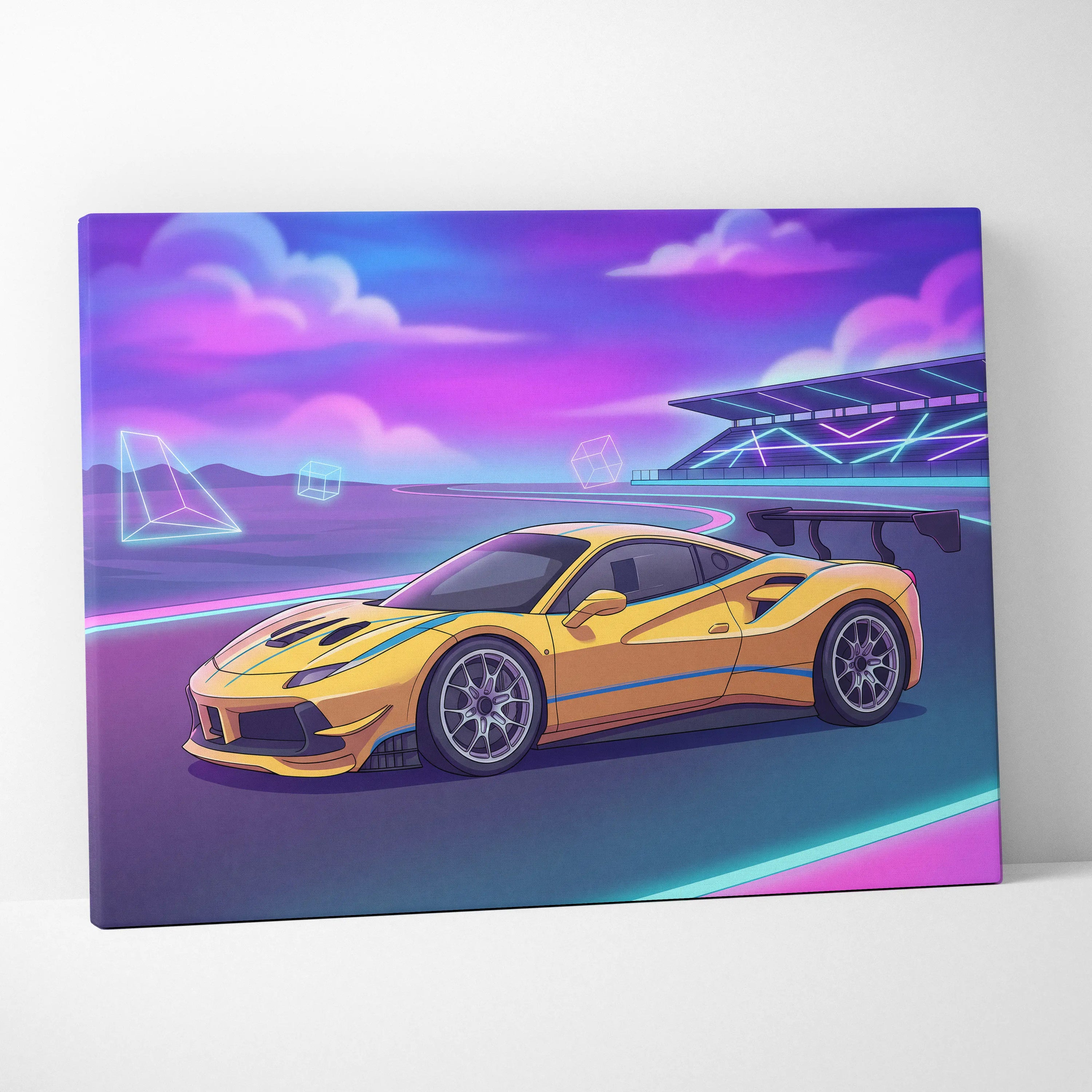 Ferrari 488 Inspired Yellow Purple Canvas Wall Art, Vaporwave Race Car Artwork, Neon Motorsport Decor, Retro Futuristic Garage Art