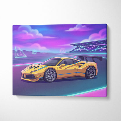 Ferrari 488 Inspired Yellow Purple Canvas Wall Art, Vaporwave Race Car Artwork, Neon Motorsport Decor, Retro Futuristic Garage Art