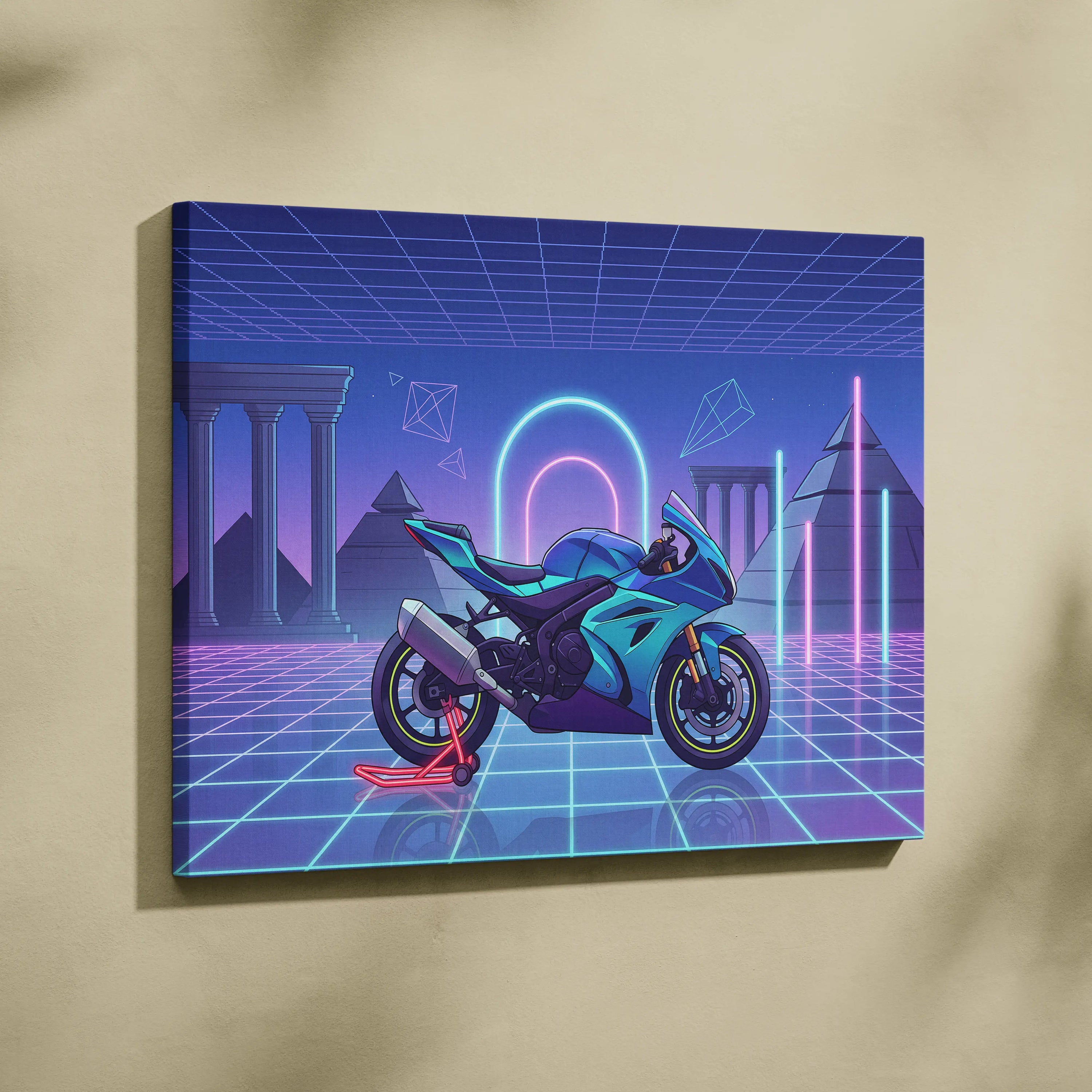 Suzuki GSX-R1000 Inspired Teal Purple Motorcycle Canvas Wall Art Vaporwave Neon Grid Sportbike Artwork for Garage Decor Retro Futuristic Print