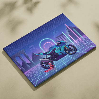 Suzuki GSX-R1000 Inspired Teal Purple Motorcycle Canvas Wall Art Vaporwave Neon Grid Sportbike Artwork for Garage Decor Retro Futuristic Print