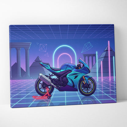 Suzuki GSX-R1000 Inspired Teal Purple Motorcycle Canvas Wall Art Vaporwave Neon Grid Sportbike Artwork for Garage Decor Retro Futuristic Print