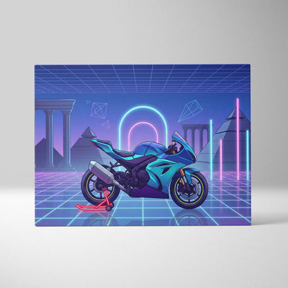 Suzuki GSX-R1000 Inspired Teal Purple Motorcycle Canvas Wall Art Vaporwave Neon Grid Sportbike Artwork for Garage Decor Retro Futuristic Print