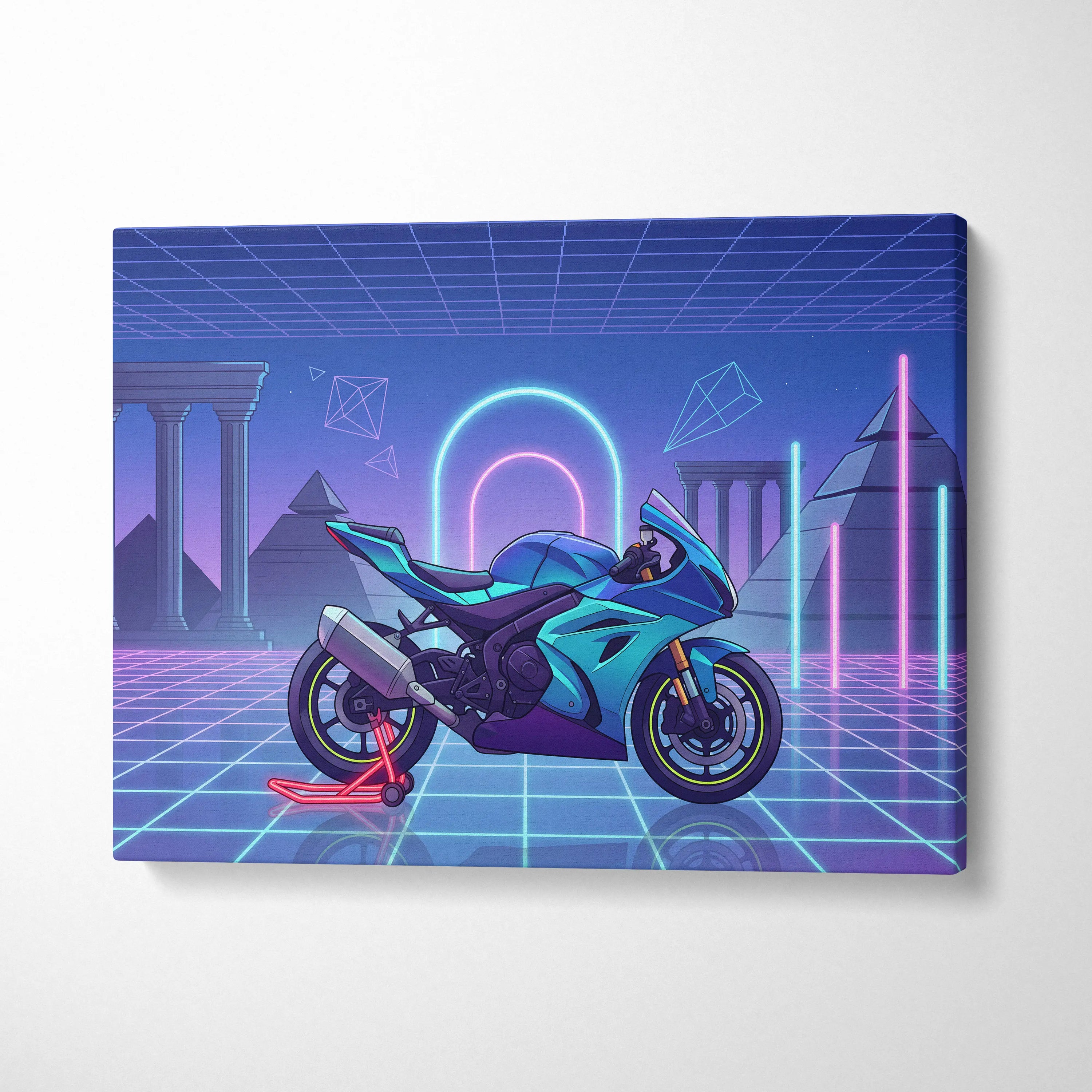 Suzuki GSX-R1000 Inspired Teal Purple Motorcycle Canvas Wall Art Vaporwave Neon Grid Sportbike Artwork for Garage Decor Retro Futuristic Print