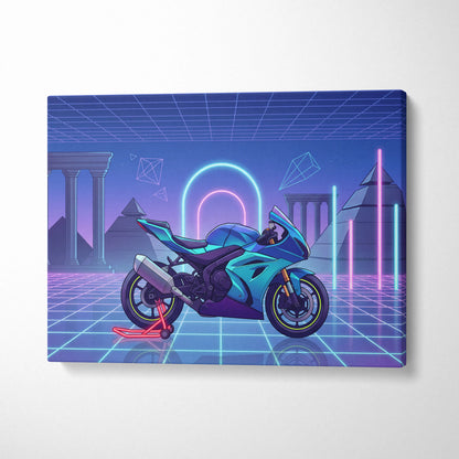 Suzuki GSX-R1000 Inspired Teal Purple Motorcycle Canvas Wall Art Vaporwave Neon Grid Sportbike Artwork for Garage Decor Retro Futuristic Print