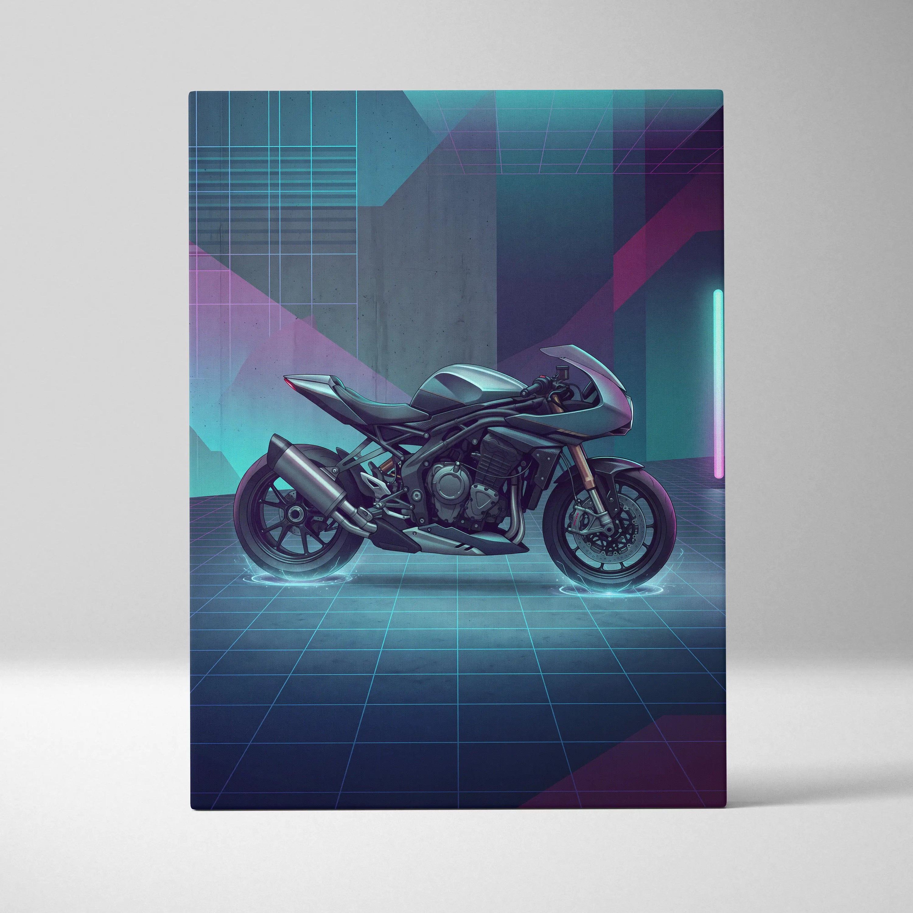 Triumph Speed Triple 1200 RR Inspired Teal Purple Motorcycle Canvas Wall Art Vaporwave Neon Garage Decor Futuristic Sportbike Print