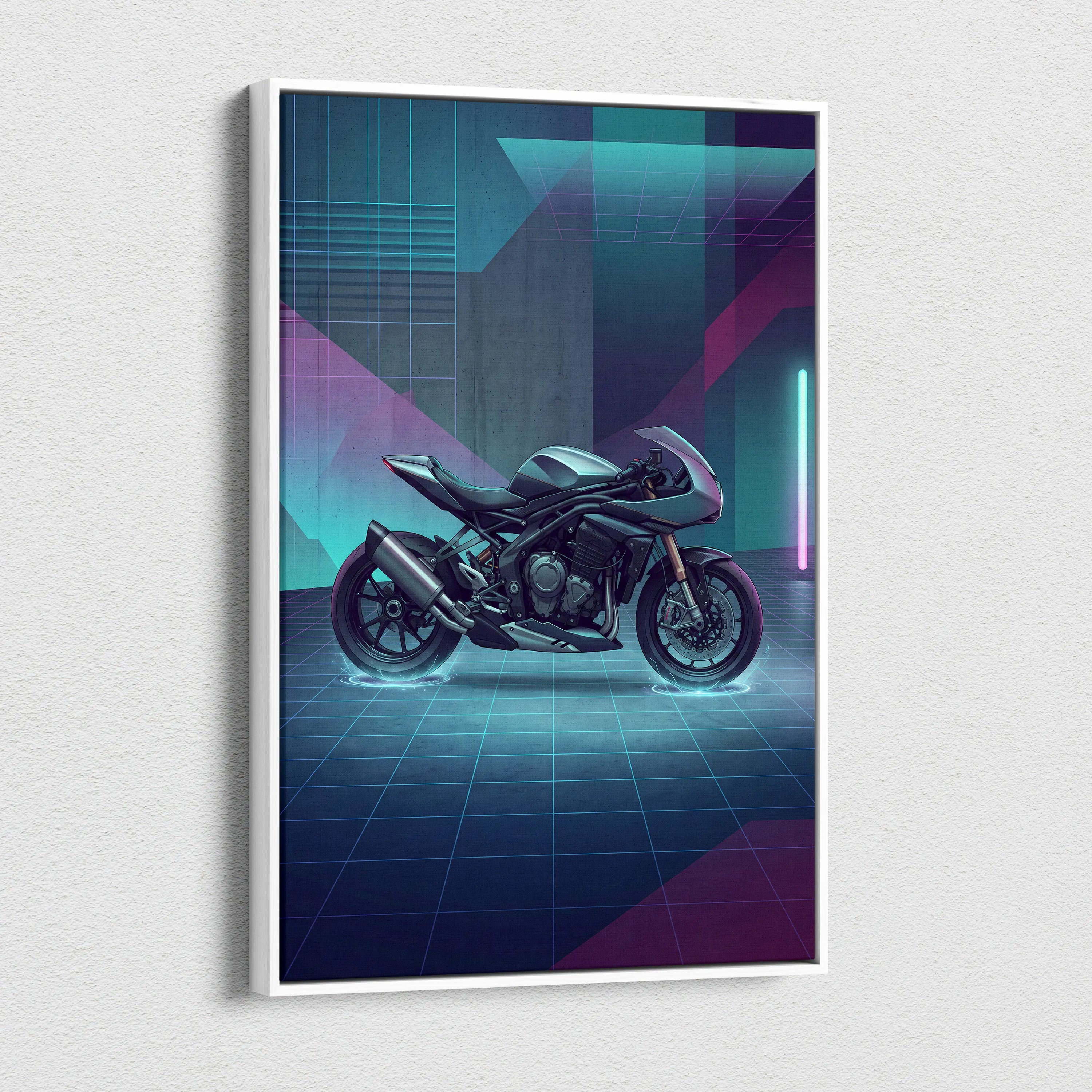 Triumph Speed Triple 1200 RR Inspired Teal Purple Motorcycle Canvas Wall Art Vaporwave Neon Garage Decor Futuristic Sportbike Print