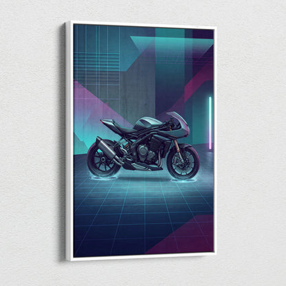 Triumph Speed Triple 1200 RR Inspired Teal Purple Motorcycle Canvas Wall Art Vaporwave Neon Garage Decor Futuristic Sportbike Print
