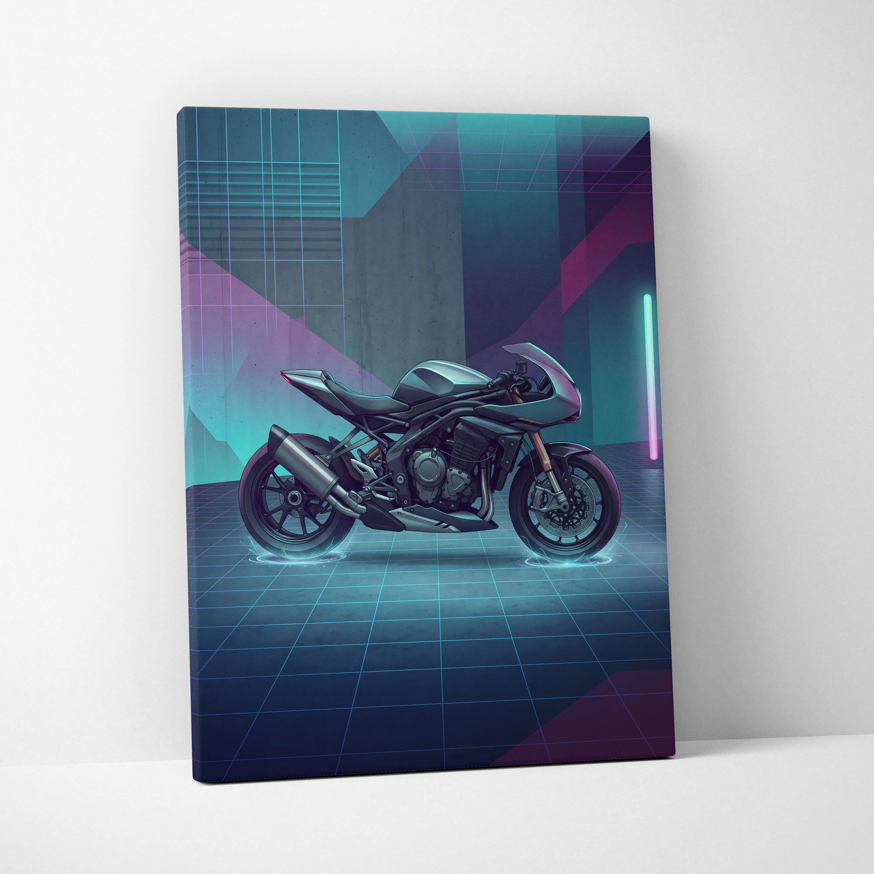 Triumph Speed Triple 1200 RR Inspired Teal Purple Motorcycle Canvas Wall Art Vaporwave Neon Garage Decor Futuristic Sportbike Print