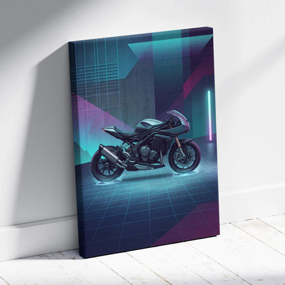 Triumph Speed Triple 1200 RR Inspired Teal Purple Motorcycle Canvas Wall Art Vaporwave Neon Garage Decor Futuristic Sportbike Print