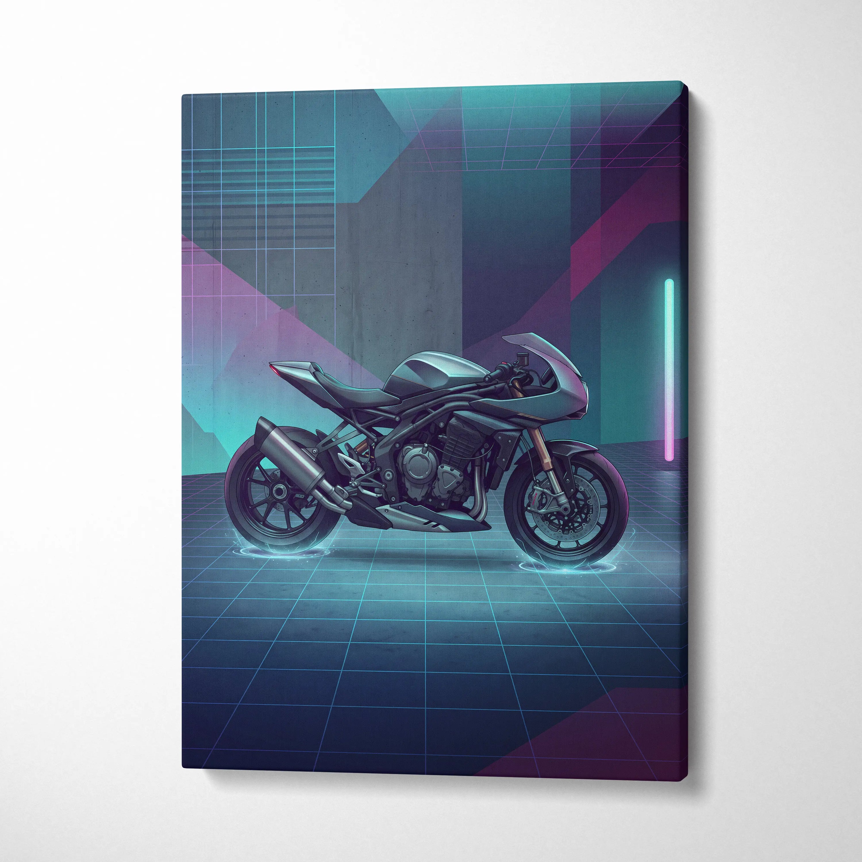 Triumph Speed Triple 1200 RR Inspired Teal Purple Motorcycle Canvas Wall Art Vaporwave Neon Garage Decor Futuristic Sportbike Print