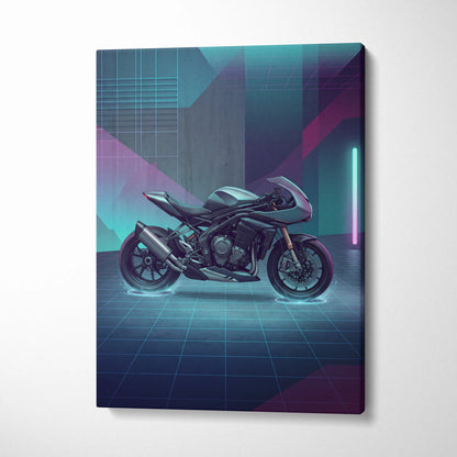 Triumph Speed Triple 1200 RR Inspired Teal Purple Motorcycle Canvas Wall Art Vaporwave Neon Garage Decor Futuristic Sportbike Print