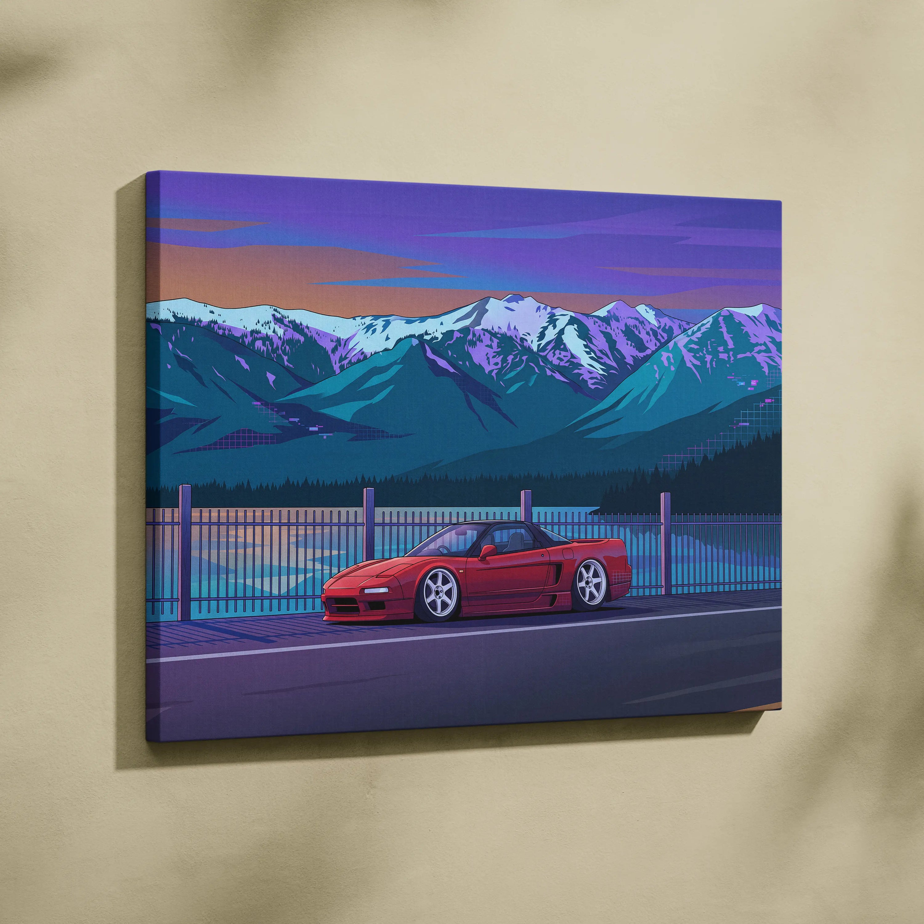 Honda NSX Inspired Red Blue Mountain Canvas Wall Art Vaporwave JDM Supercar Artwork, Scenic Lake Road Garage Decor Retro Futuristic Print