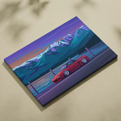 Honda NSX Inspired Red Blue Mountain Canvas Wall Art Vaporwave JDM Supercar Artwork, Scenic Lake Road Garage Decor Retro Futuristic Print