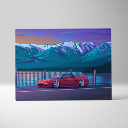 Honda NSX Inspired Red Blue Mountain Canvas Wall Art Vaporwave JDM Supercar Artwork, Scenic Lake Road Garage Decor Retro Futuristic Print
