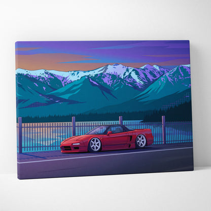 Honda NSX Inspired Red Blue Mountain Canvas Wall Art Vaporwave JDM Supercar Artwork, Scenic Lake Road Garage Decor Retro Futuristic Print