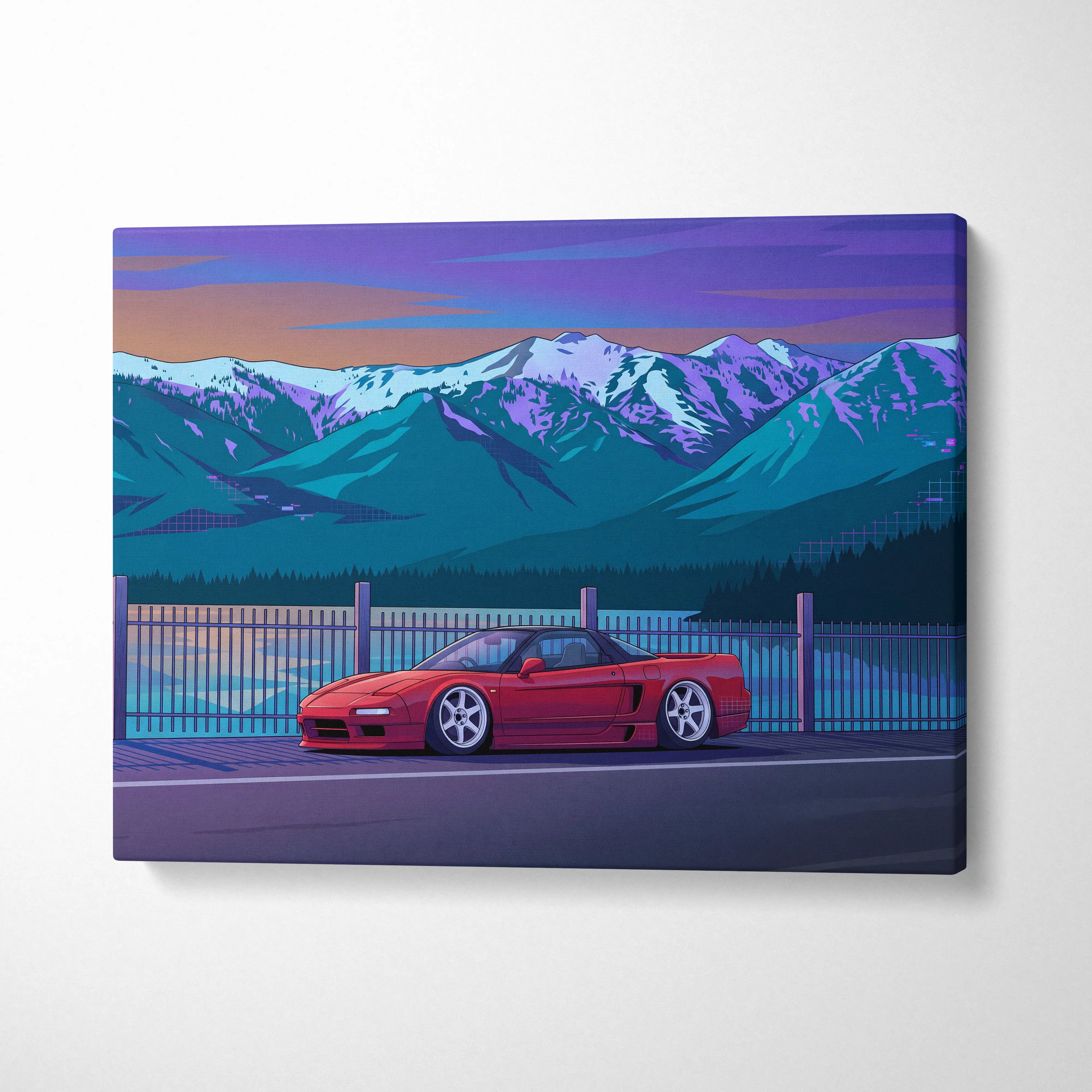 Honda NSX Inspired Red Blue Mountain Canvas Wall Art Vaporwave JDM Supercar Artwork, Scenic Lake Road Garage Decor Retro Futuristic Print