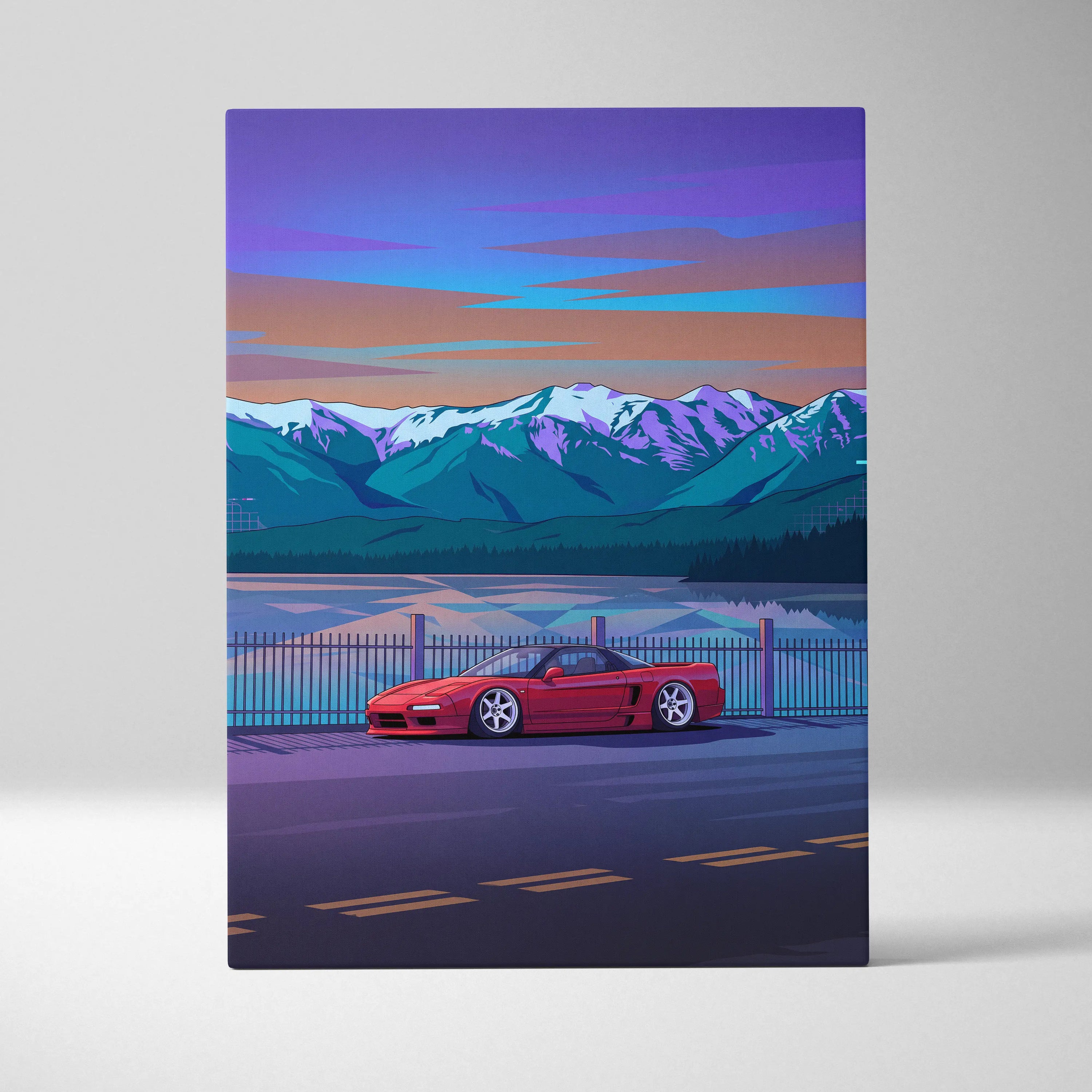 Honda NSX Inspired Red Blue Mountain Canvas Wall Art Vaporwave JDM Supercar Artwork, Scenic Lake Road Garage Decor Retro Futuristic Print