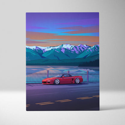 Honda NSX Inspired Red Blue Mountain Canvas Wall Art Vaporwave JDM Supercar Artwork, Scenic Lake Road Garage Decor Retro Futuristic Print