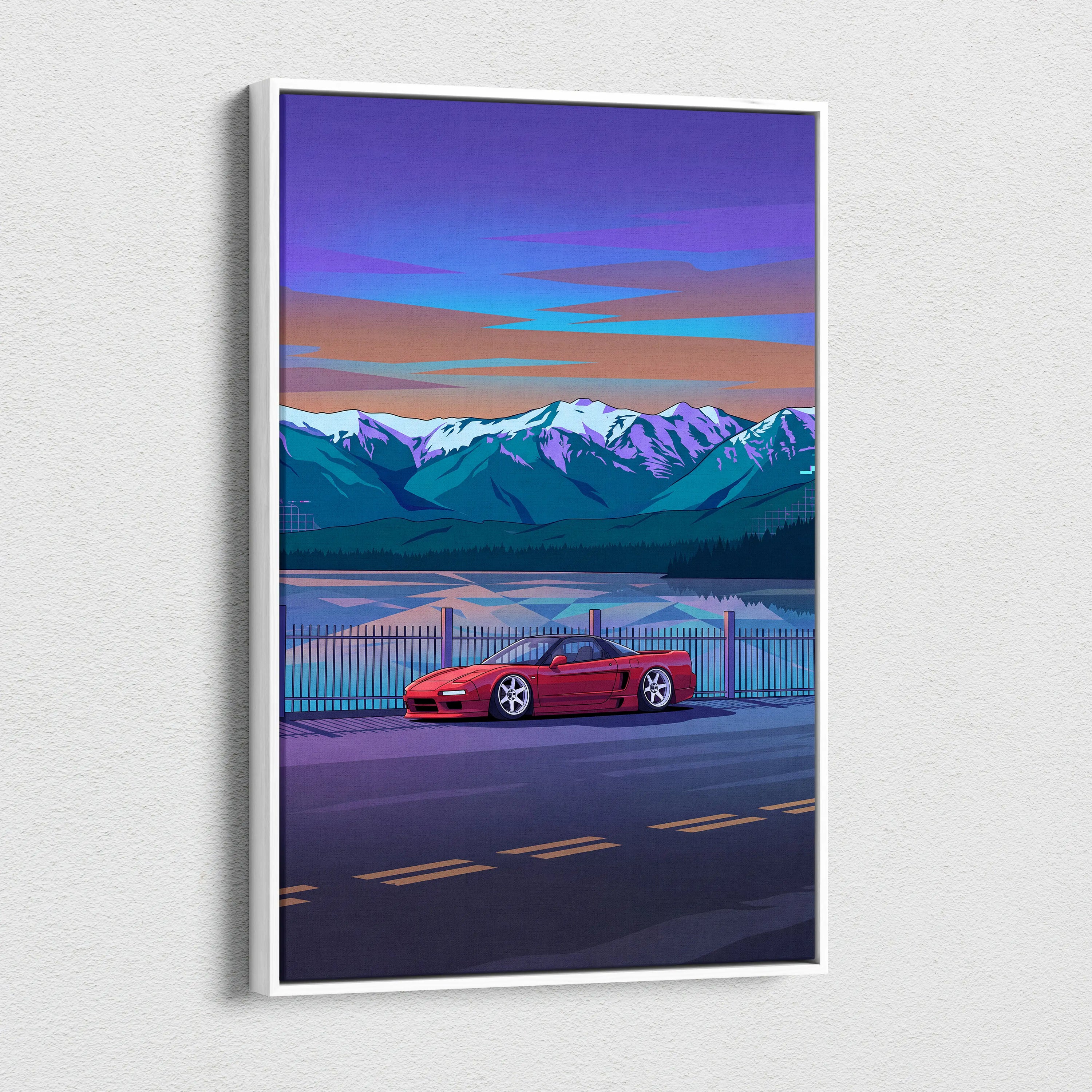 Honda NSX Inspired Red Blue Mountain Canvas Wall Art Vaporwave JDM Supercar Artwork, Scenic Lake Road Garage Decor Retro Futuristic Print