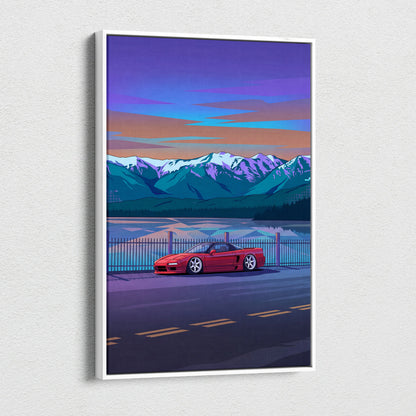 Honda NSX Inspired Red Blue Mountain Canvas Wall Art Vaporwave JDM Supercar Artwork, Scenic Lake Road Garage Decor Retro Futuristic Print