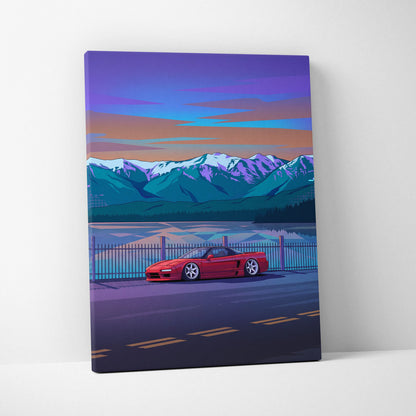Honda NSX Inspired Red Blue Mountain Canvas Wall Art Vaporwave JDM Supercar Artwork, Scenic Lake Road Garage Decor Retro Futuristic Print