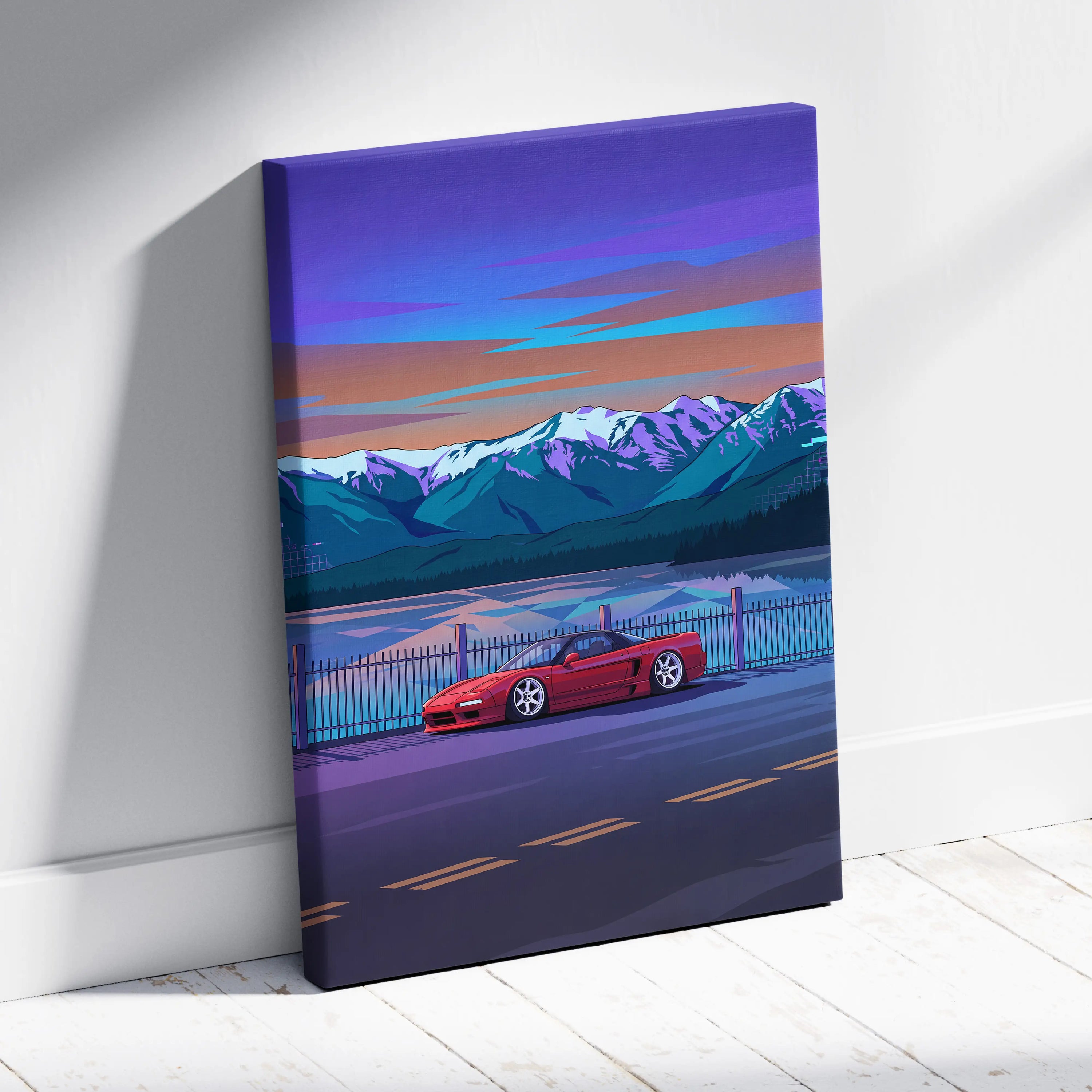 Honda NSX Inspired Red Blue Mountain Canvas Wall Art Vaporwave JDM Supercar Artwork, Scenic Lake Road Garage Decor Retro Futuristic Print
