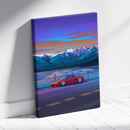 Honda NSX Inspired Red Blue Mountain Canvas Wall Art Vaporwave JDM Supercar Artwork, Scenic Lake Road Garage Decor Retro Futuristic Print