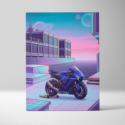 Yamaha YZF-R1 Inspired Blue Purple Vaporwave Motorcycle Canvas Wall Art Neon Cyber City Sportbike Artwork Futuristic Garage Decor