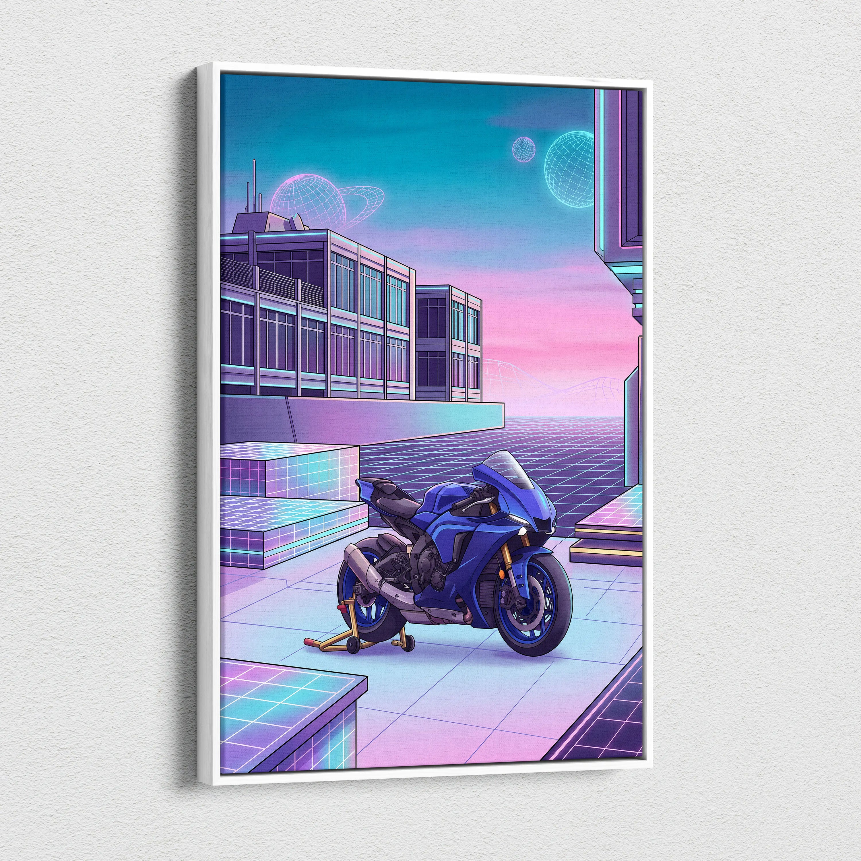 Yamaha YZF-R1 Inspired Blue Purple Vaporwave Motorcycle Canvas Wall Art Neon Cyber City Sportbike Artwork Futuristic Garage Decor