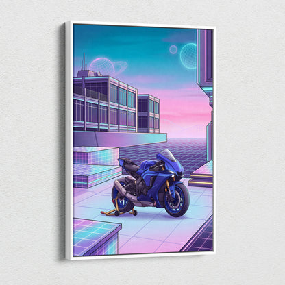 Yamaha YZF-R1 Inspired Blue Purple Vaporwave Motorcycle Canvas Wall Art Neon Cyber City Sportbike Artwork Futuristic Garage Decor