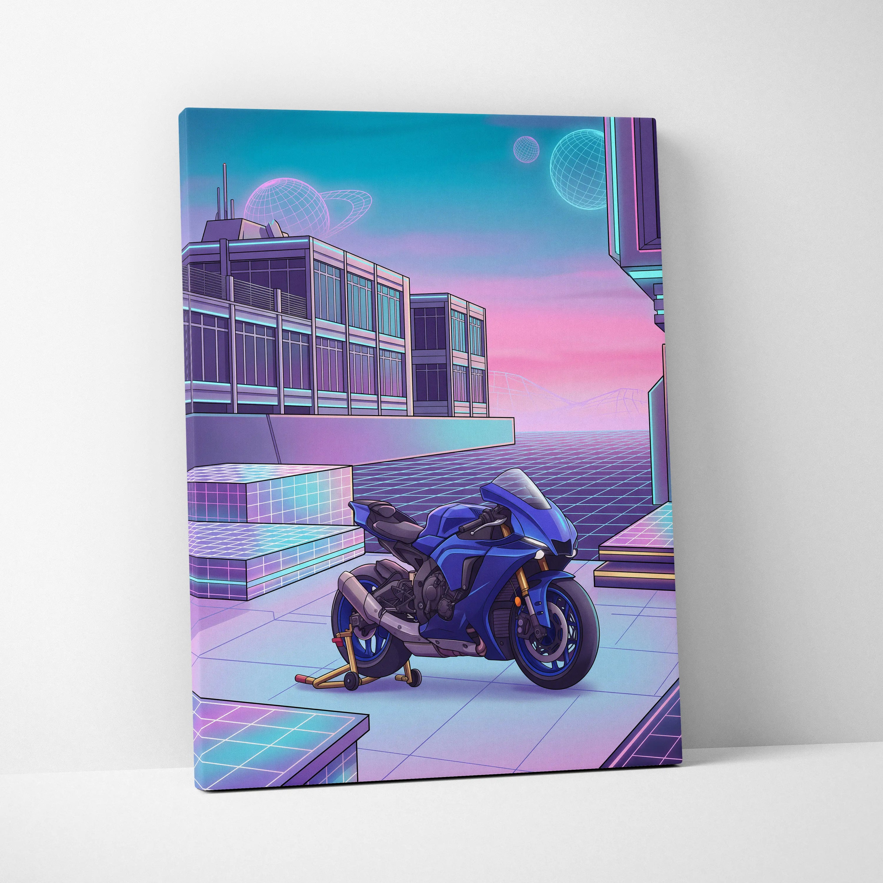 Yamaha YZF-R1 Inspired Blue Purple Vaporwave Motorcycle Canvas Wall Art Neon Cyber City Sportbike Artwork Futuristic Garage Decor