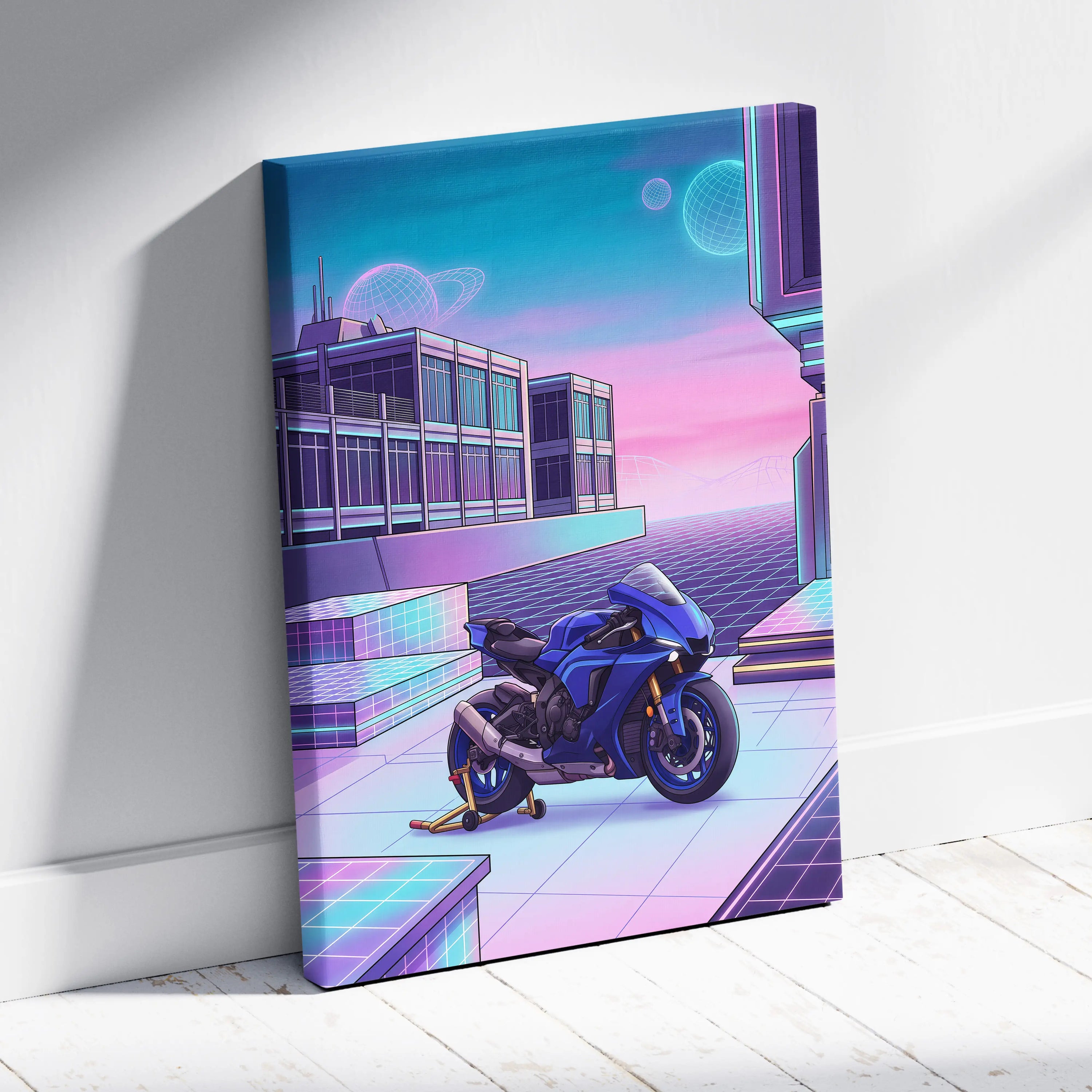 Yamaha YZF-R1 Inspired Blue Purple Vaporwave Motorcycle Canvas Wall Art Neon Cyber City Sportbike Artwork Futuristic Garage Decor