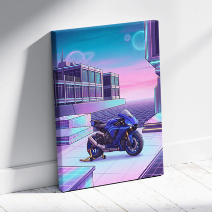 Yamaha YZF-R1 Inspired Blue Purple Vaporwave Motorcycle Canvas Wall Art Neon Cyber City Sportbike Artwork Futuristic Garage Decor