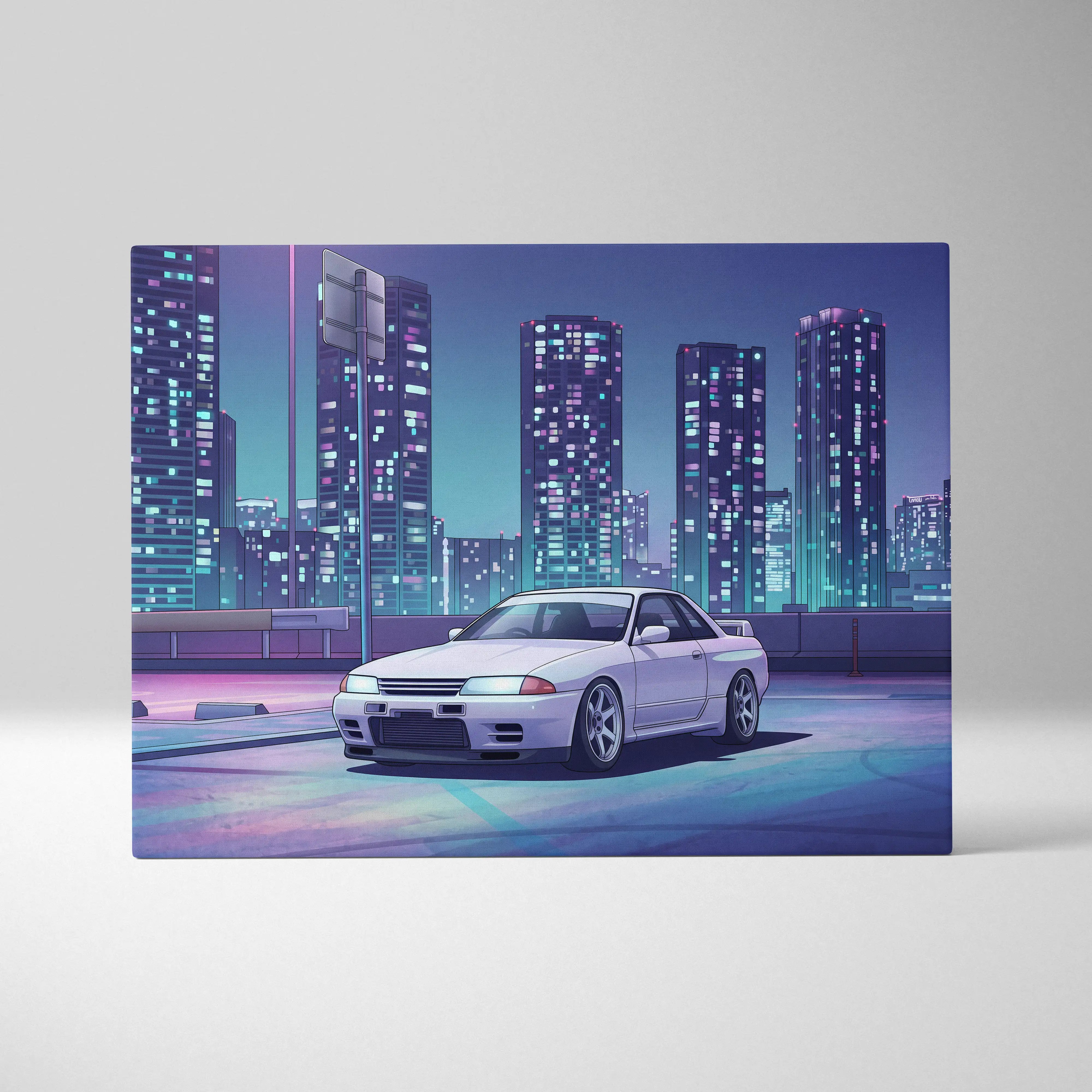 Nissan Skyline GT-R R32 Inspired White Purple Canvas Wall Art Vaporwave Night City JDM Car Artwork, Neon Skyline Garage Decor