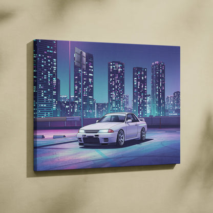 Nissan Skyline GT-R R32 Inspired White Purple Canvas Wall Art Vaporwave Night City JDM Car Artwork, Neon Skyline Garage Decor