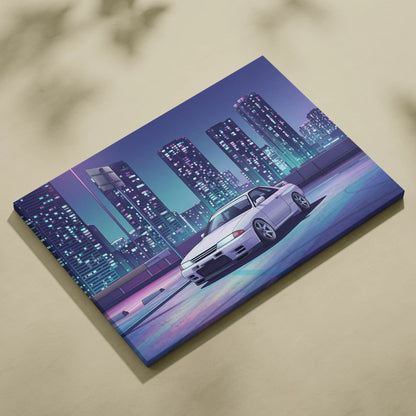 Nissan Skyline GT-R R32 Inspired White Purple Canvas Wall Art Vaporwave Night City JDM Car Artwork, Neon Skyline Garage Decor